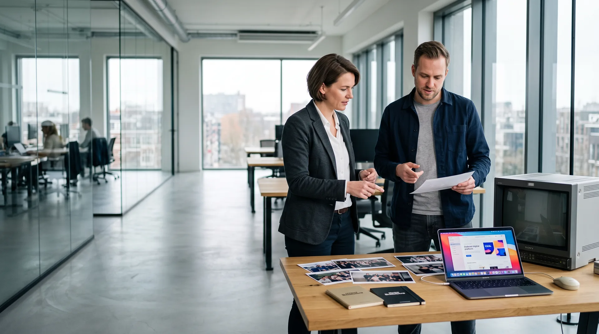 Adviseur en ondernemer bespreken een websiteportfolio tijdens een adviesgesprek