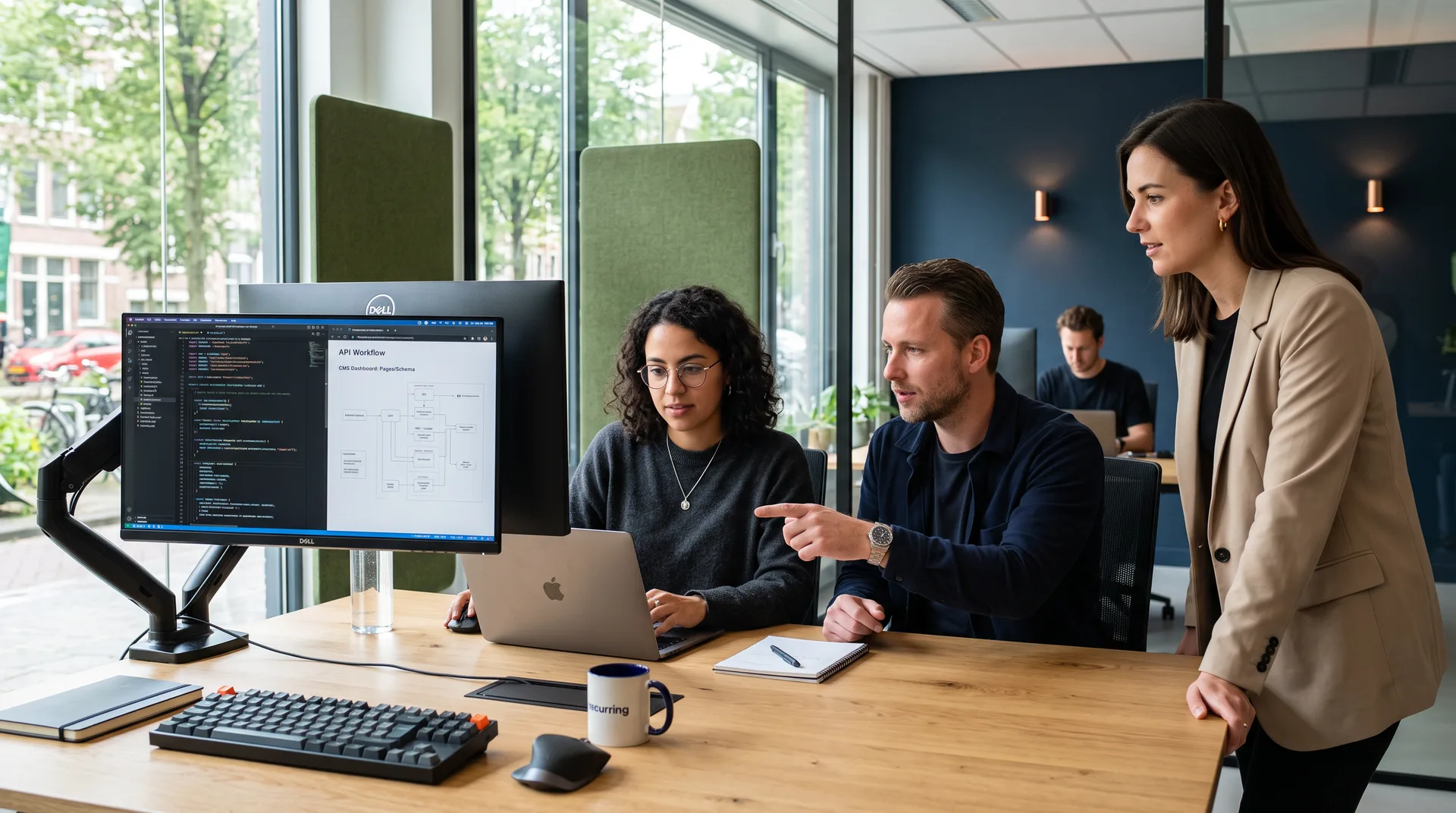Architect en developer lopen samen een API-ontwerp na op een scherm tijdens een architectuurreview