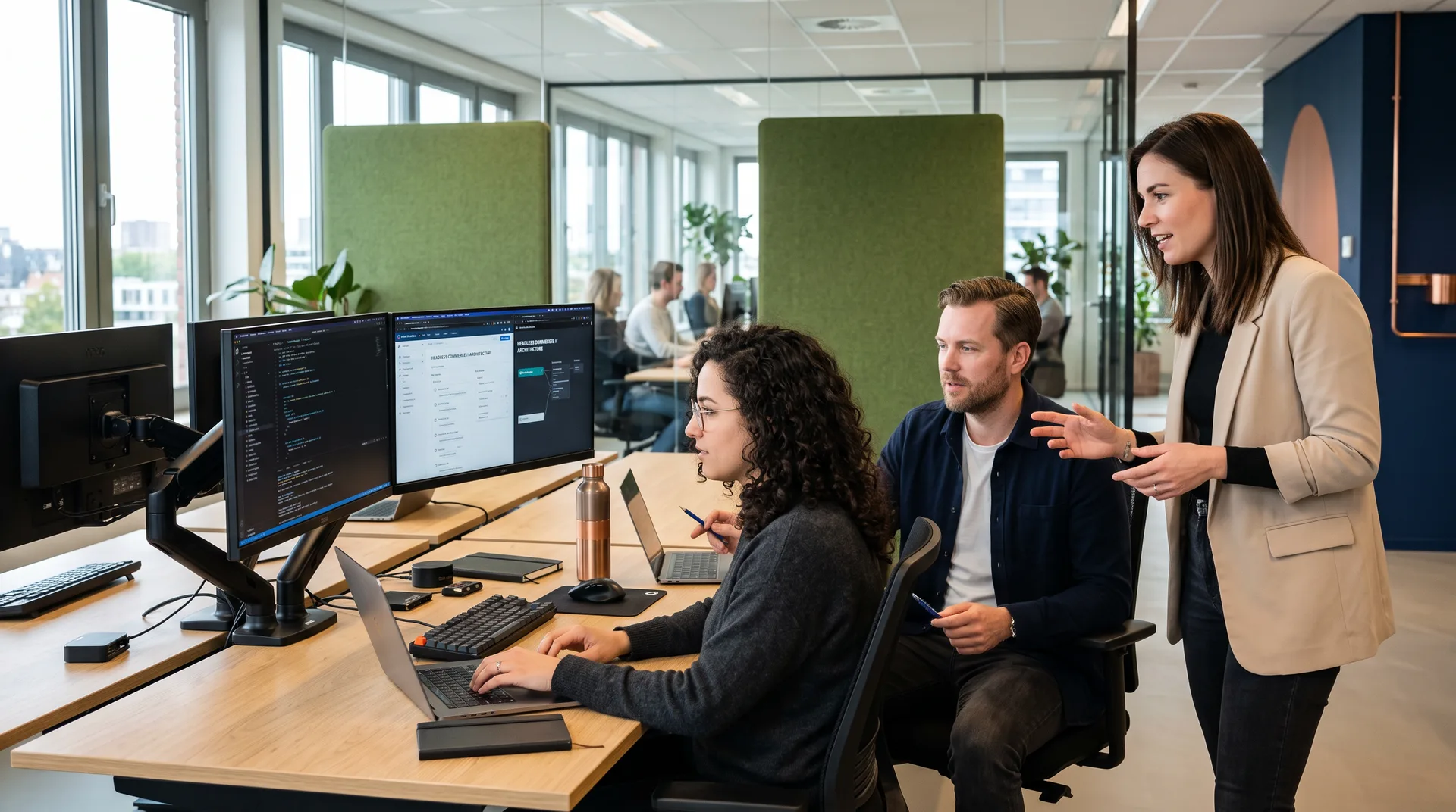 Adviseur bespreekt een technische aanpak met twee developers aan een bureau in het Webkompanen-kantoor