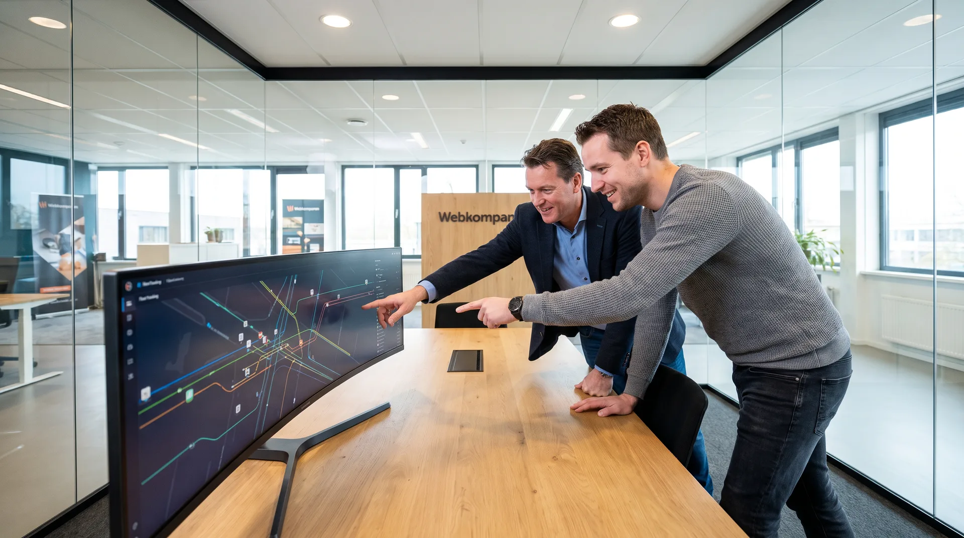 Logistiek manager en developer bekijken een abstract vlootdashboard, zonder leesbare tekst