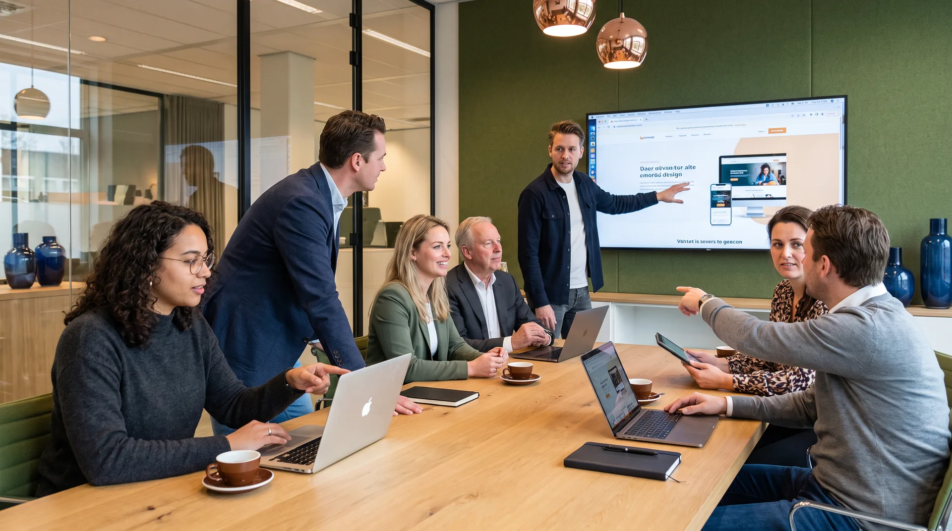 Webkompanen-adviseur presenteert de opzet van een portaal aan een klant in een vergaderruimte