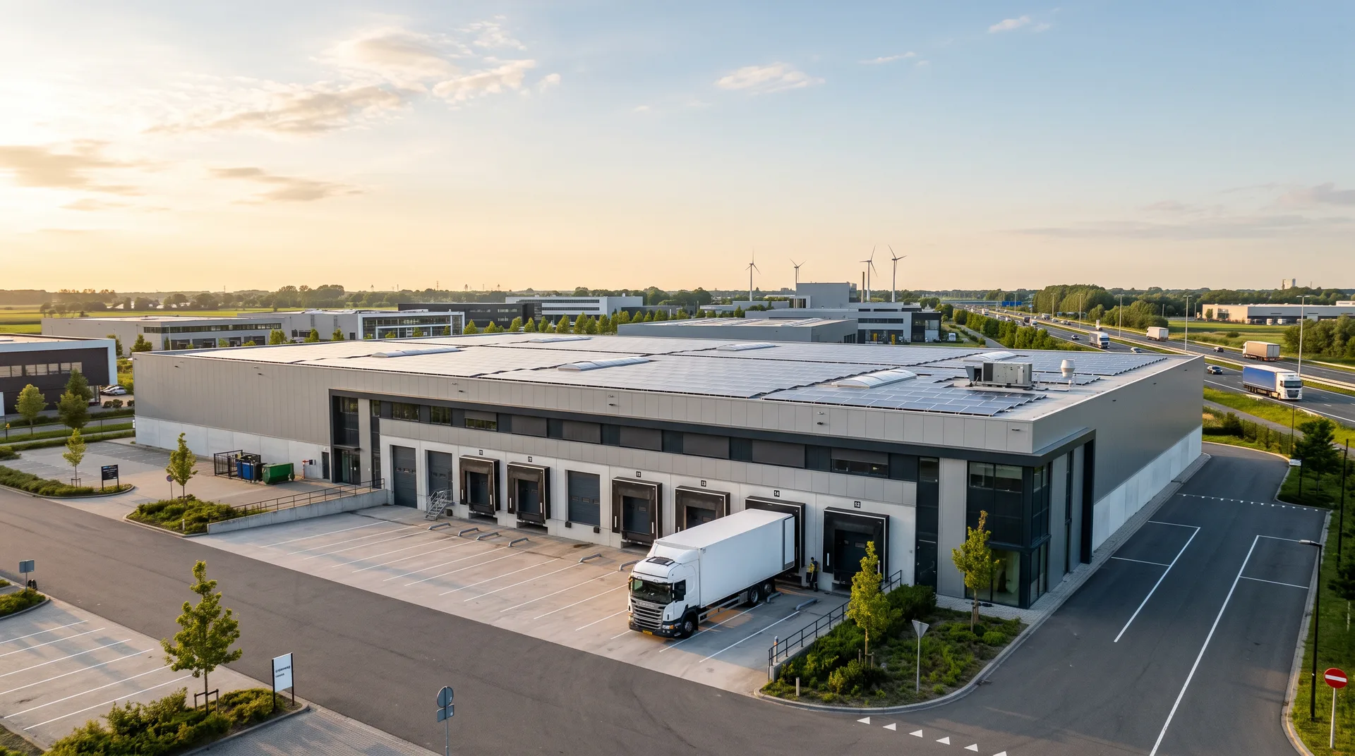 Logistiek bedrijfspand met laaddokken als context voor digitale planning en voorraadbeheer