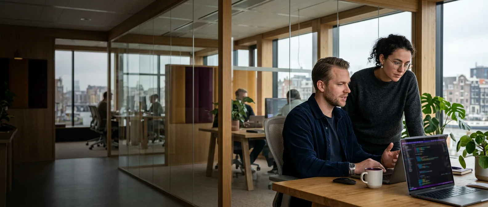 Overleg in een glazen vergaderruimte met uitzicht op gebouwen, als beeld voor een stedelijke zakelijke omgeving