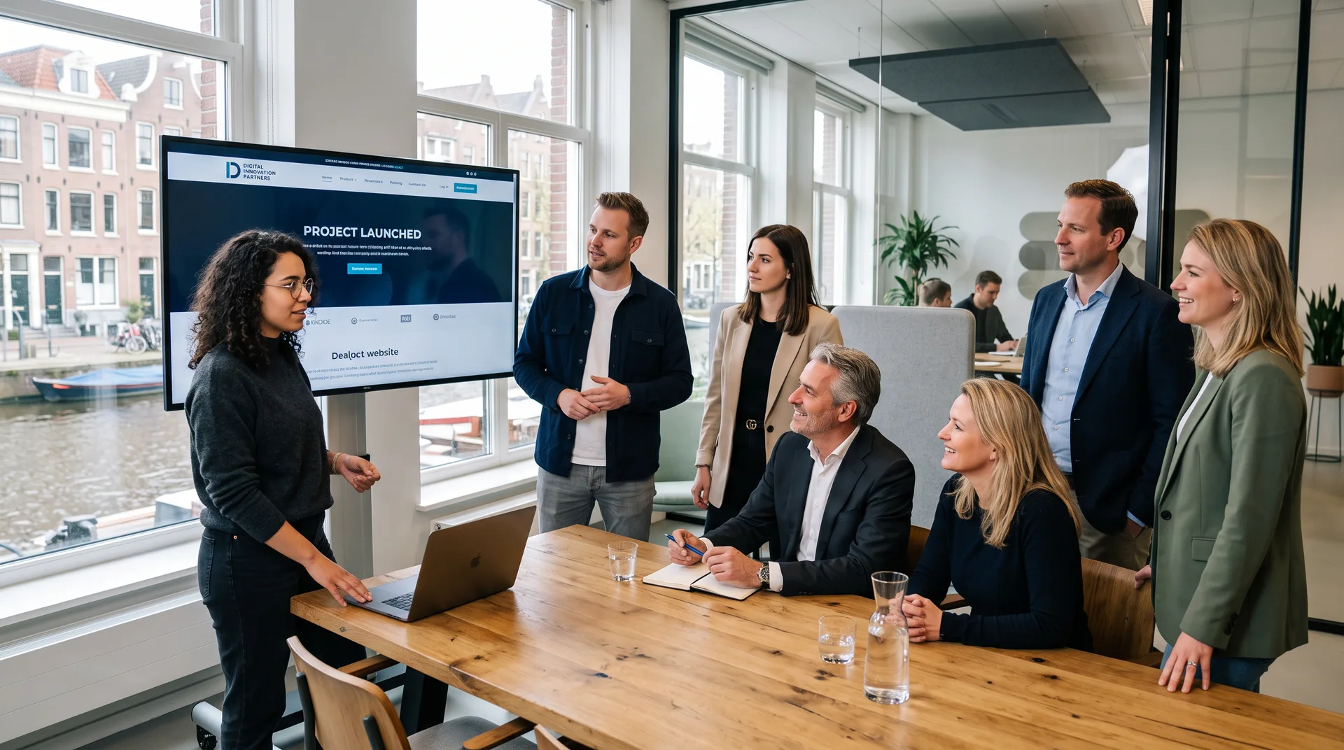 Team presenteert een eerste productversie aan stakeholders in een vergaderruimte