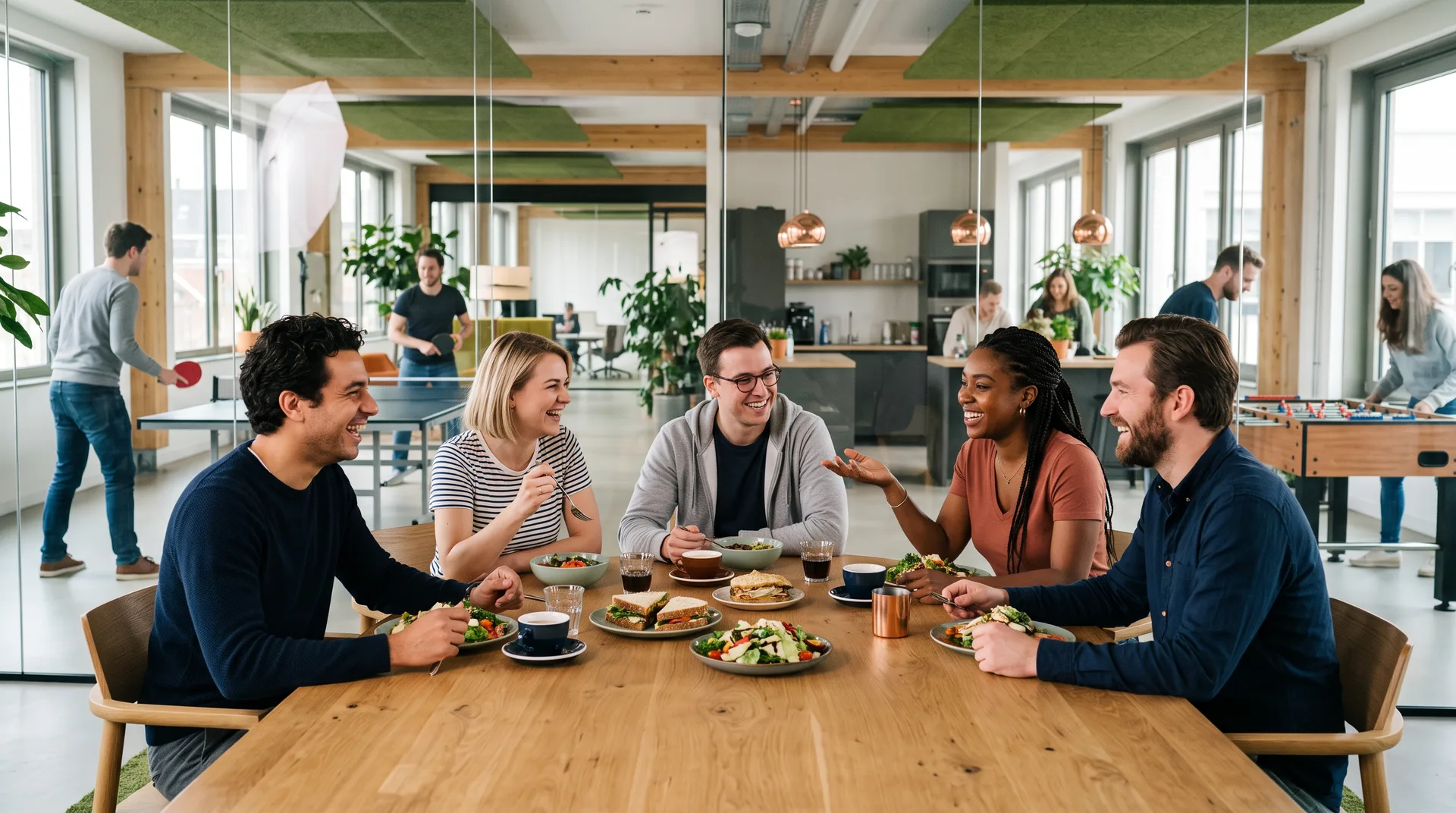 Team van Webkompanen eet samen aan één lange tafel in het kantoor in Eersel