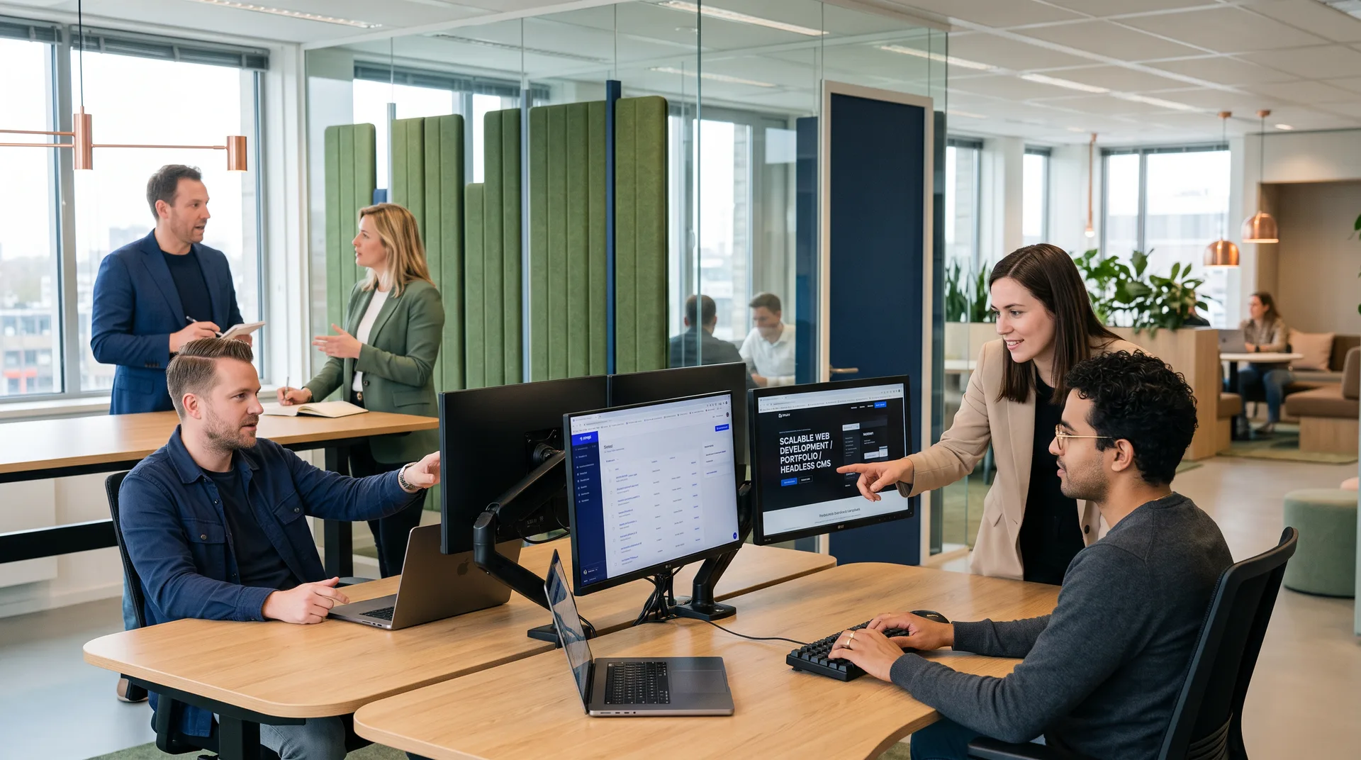 Team beoordeelt gezamenlijk een websiteontwerp op meerdere schermen