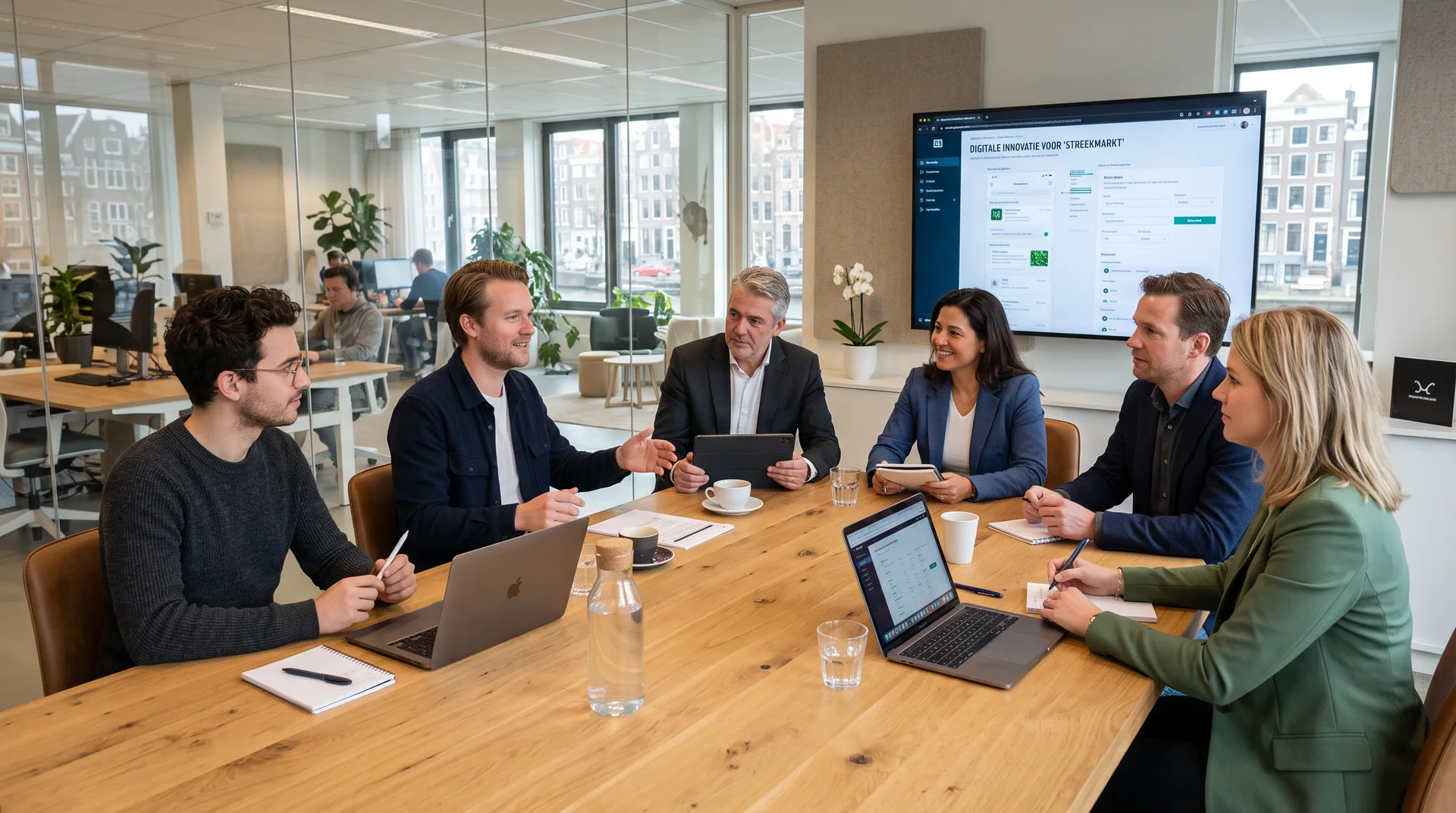 Webkompanen-adviseur bespreekt het websiteplan van een zakelijke klant aan een houten vergadertafel